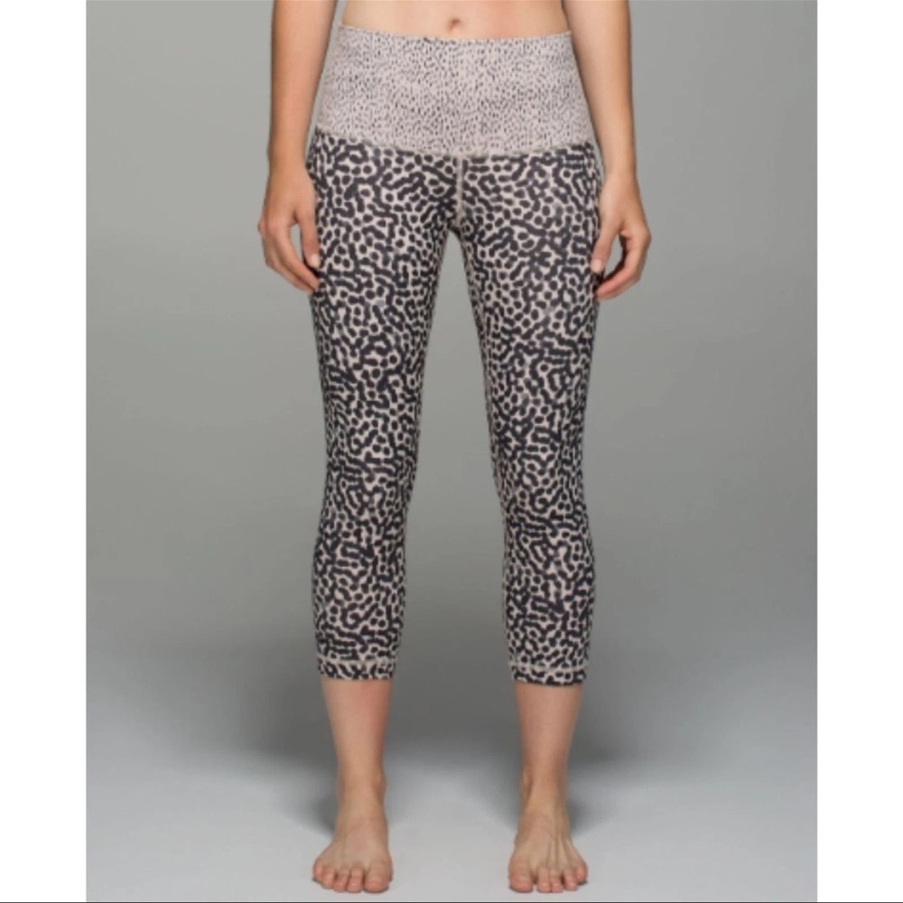 Lululemon Wunder Under Roll Down Ivory Black Dot Workout Crop Leggings Pants 4